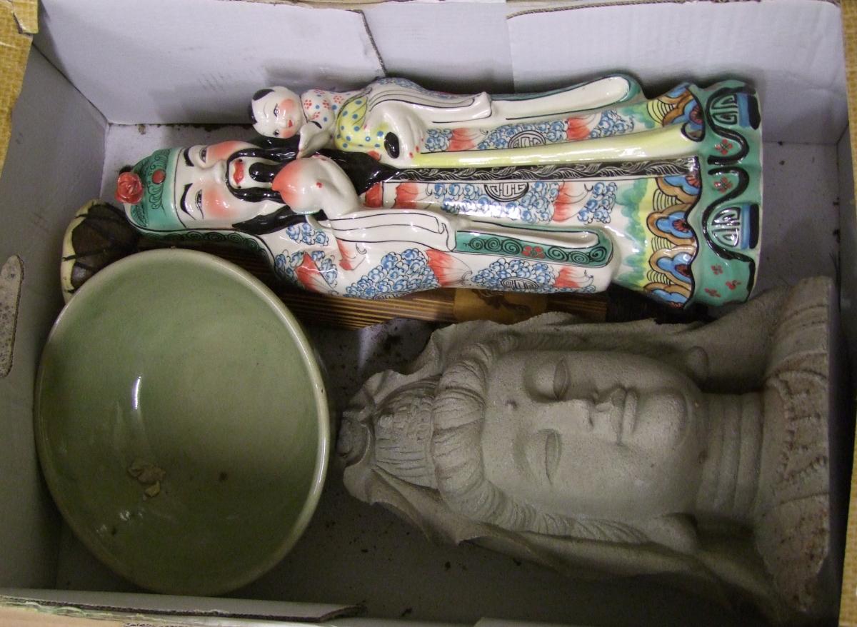 A mixed collection of items to include : large Vietnamese immortal figure, bust of budda and Thai