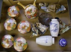 A collection of Oriental items to include: tea set, bronzed dish, miniature ginger jar, figures etc