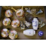 A collection of Oriental items to include: tea set, bronzed dish, miniature ginger jar, figures etc