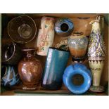 A mixed collection of studio pottery items: to include vases, ewers in blue and brown glazes