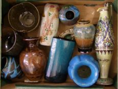 A mixed collection of studio pottery items: to include vases, ewers in blue and brown glazes