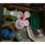 A mixed collection of items to include: Wedgwood cabbage ware comport, sage green wall plates,