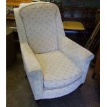 Early 20th Century ladies upholstered arm chair: standing on brass castors. Height 95cm x 73cm