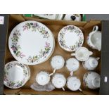 Wedgwood Hathaway rose tea and dinner ware: to include 5 trios, sugar bowl, two milk jugs, 5