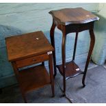 Mahogany occasional table with drawer: together with an oak two tier plant stand. Height of