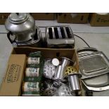 A mixed collection of items: toaster, mugs, trays, flower posy holders, hot water flasks etc.