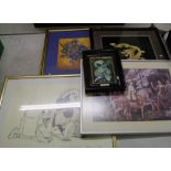 Three framed prints: together with an Oriental dragon picture and a framed ceramic tile (5).