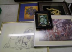 Three framed prints: together with an Oriental dragon picture and a framed ceramic tile (5).