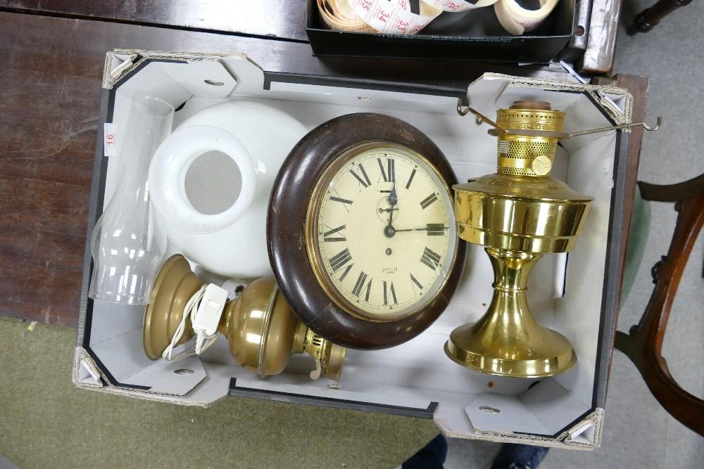 A brass oil lamp with shade: together with a Smith empire wall clock and oil lamp base