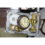 A brass oil lamp with shade: together with a Smith empire wall clock and oil lamp base