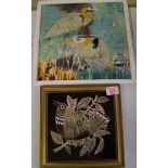 A Maw and Co framed tile of a bird: together with a large heron patterned tile, signed Pierce.