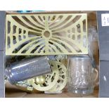 A mixed collection of items to include: tin any brass dinner plates, brasses, oriments etc