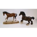 Beswick brown cantering shire: together with beswick brown horse on ceramic base (2)