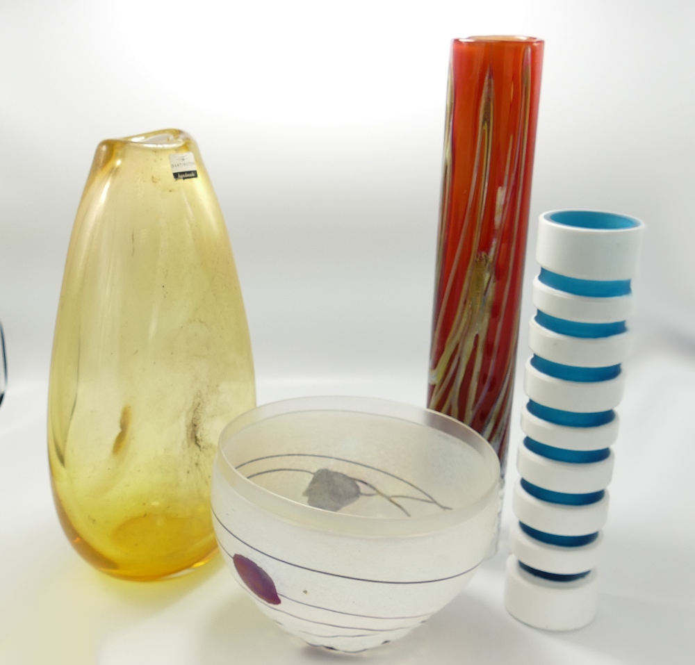 A collection of art glass items to include:m Dartington tall vase,