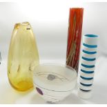 A collection of art glass items to include:m Dartington tall vase,