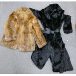 Ladies Black Fur Coat: with leather belt together with similar shorter item,