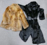 Ladies Black Fur Coat: with leather belt together with similar shorter item,