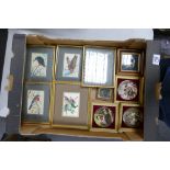 A collection of framed jacquard loom silks: with images of birds together with similar ceramic