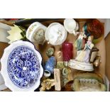 A mixed collection of items to include: Aynsley Cottage Garden mantle clock, glass ware,