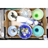 A mixed collection of items to include: glazed rice bowls, enamelled figures of birds,