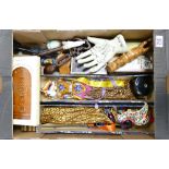 A mixed collection of items to include: Thai puppets, banded wooden box,