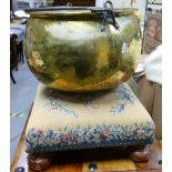 Tapestry upholstered stool and brass pot: Stool 33.5cm across, pot 35cm.
