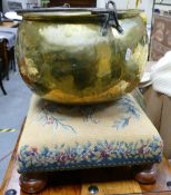 Tapestry upholstered stool and brass pot: Stool 33.5cm across, pot 35cm.