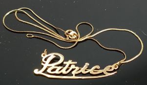 18ct gold necklace with 9ct gold "Patrice" pendant: 2.8g.