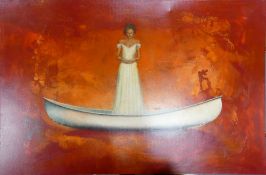 A large acrylic on canvas modernist painting of a woman in a canoe.