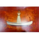 A large acrylic on canvas modernist painting of a woman in a canoe.