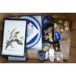 A collection of Oriental items: including large boxed dish, signed crane picture,