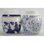 Minton lidded jars: in the Shalimar and Real Old Willow designs, height 18cm.