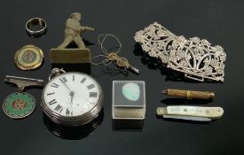 Silver gents key wing watch & other collectors pieces: Includes silver plated nurses buckle,
