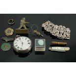 Silver gents key wing watch & other collectors pieces: Includes silver plated nurses buckle,