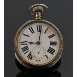 A silver plated Goliath pocket watch: enamel face has cracks.