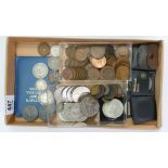 A collection of old coins: including silver George III coin, other silver coins, copper,