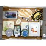 A mixed collection of items to include: decorative trays, tube lined wall tile, enamelled bowl,