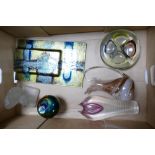 A collection of art glass items: to include bookends, vases, ashtray,