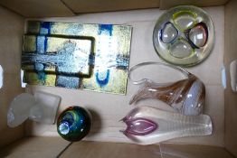 A collection of art glass items: to include bookends, vases, ashtray,