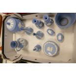 A collection of Wedgwood Jasperware to include:Biscuit barrel, water jug, lidded boxes,