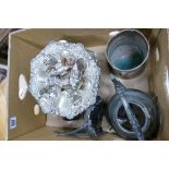 A mixed collection of items to include: silver plated plates & cake stand, similar napkin rings,