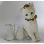 Large Italian Ceramic Cat (chips noted to flowers): together with 2 relief decorated Royale County