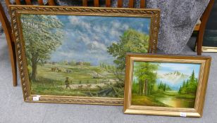 Unsigned Oil on canvas landscape scene: together with similar smaller item(2)