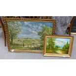 Unsigned Oil on canvas landscape scene: together with similar smaller item(2)