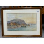 Unsigned Framed Watercolour of Fishing Boats unloading at Beech: 30 x 50cm