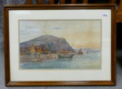 Unsigned Framed Watercolour of Fishing Boats unloading at Beech: 30 x 50cm