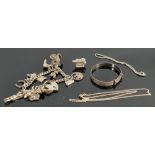 A collection of Silver jewellery: including charm bracelet, bangle, chains etc, 55g.