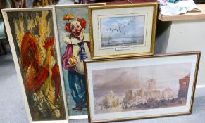 Two Mid Century Framed items to include: Clown Print,