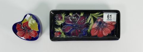 Moorcroft clematis pen tray: together with a hibiscus small heart shaped lidded box (2)
