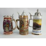 Three German style Beer Steins: tallest height 26cm.